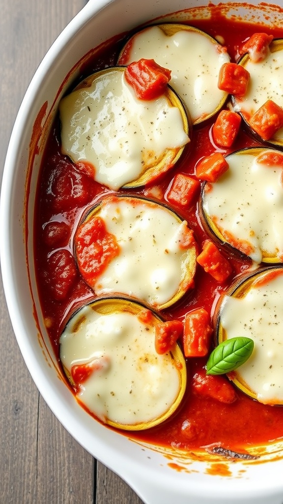 Baked eggplant parmesan in a white dish with marinara sauce and melted cheese.
