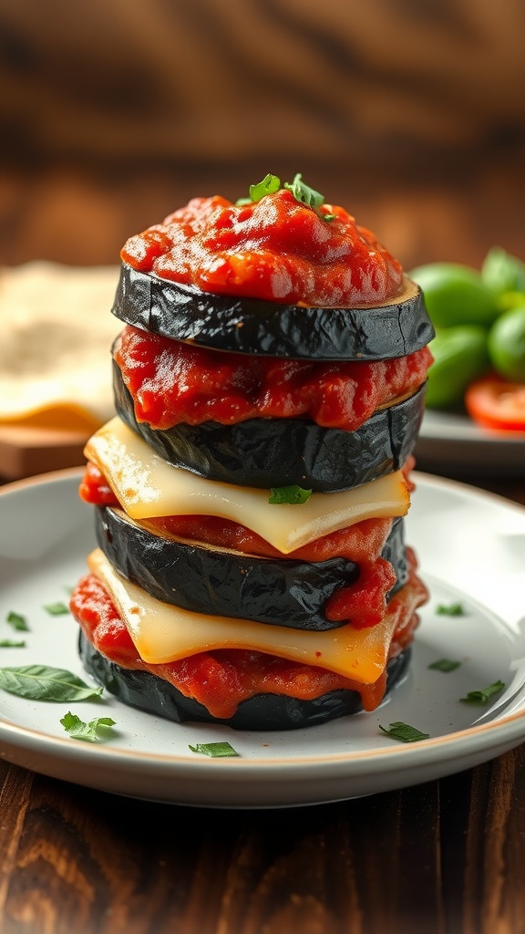 A plate of stacked eggplant parmesan with layers of eggplant, cheese, and marinara sauce