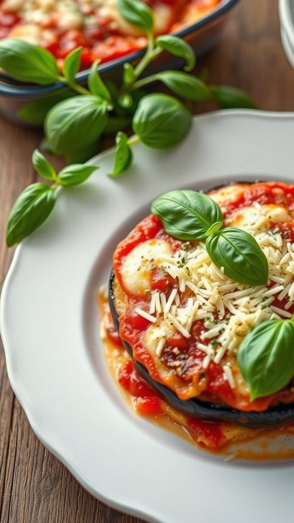 Close-up of Eggplant Parmesan with basil garnish on a plate.