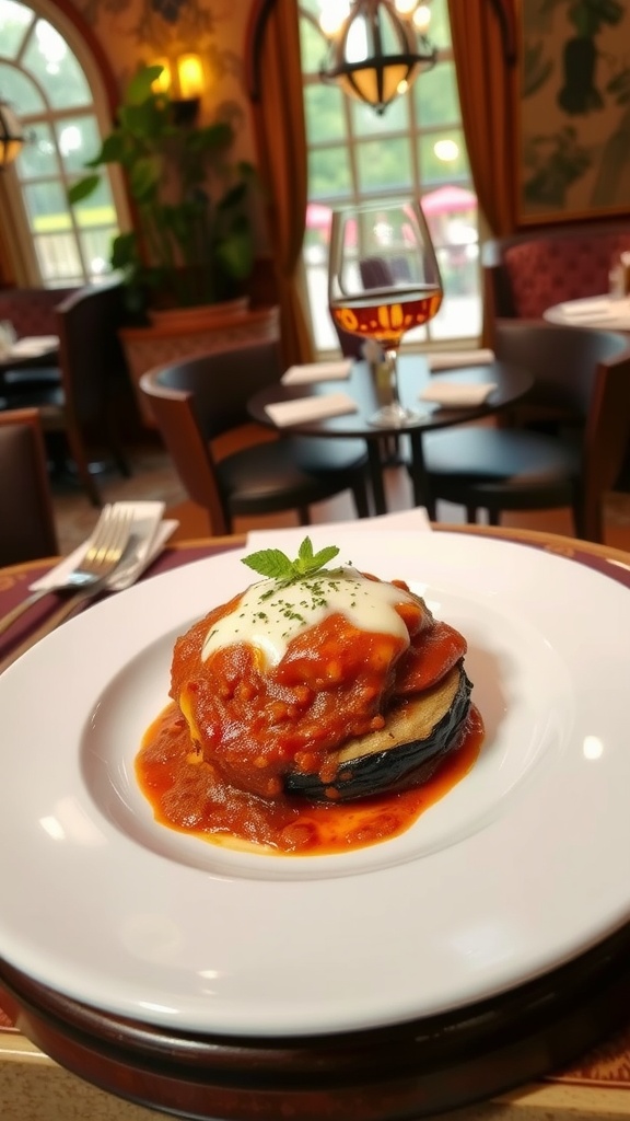 A plate of Eggplant Parmesan with marinara sauce and cheese, garnished with a sprig of mint, set in a restaurant.