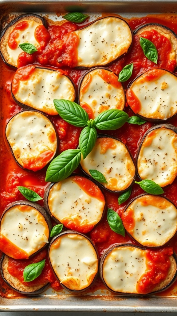 A delicious eggplant parmesan bake topped with fresh basil and tomato sauce.