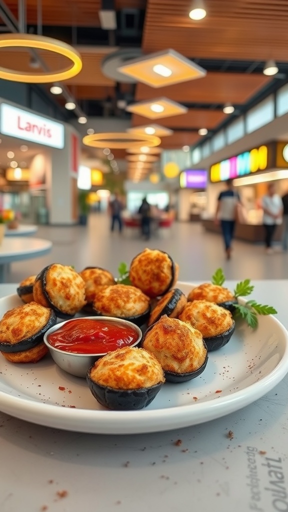 A plate of eggplant parmesan bites with a small bowl of marinara sauce, set in a food court.