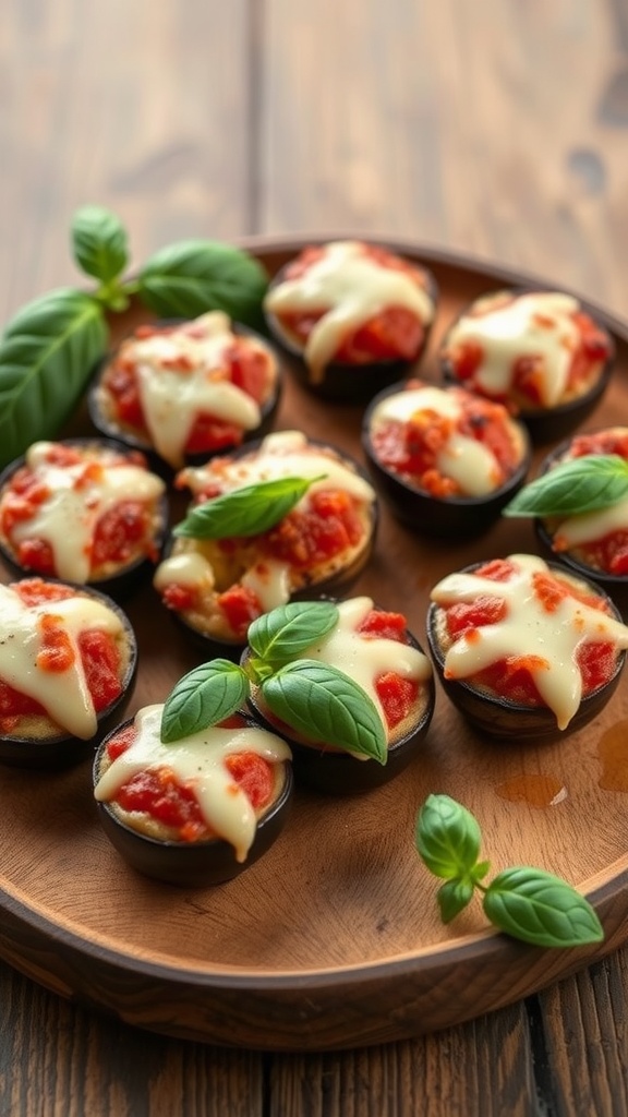 A plate of Eggplant Parmesan Bites topped with basil leaves.