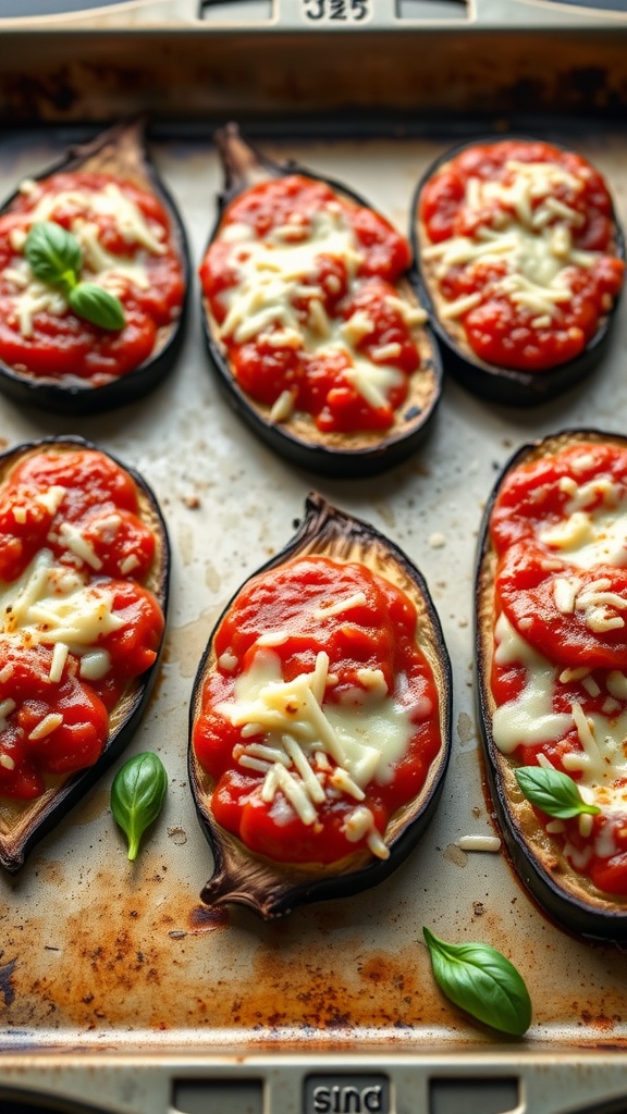 Baked eggplant slices topped with tomato sauce and melted cheese