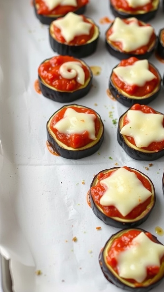 A tray of eggplant parmesan bites topped with cheese and marinara sauce.