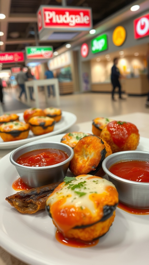 A plate of Eggplant Parmesan Bites with marinara sauce, displayed at a food court.