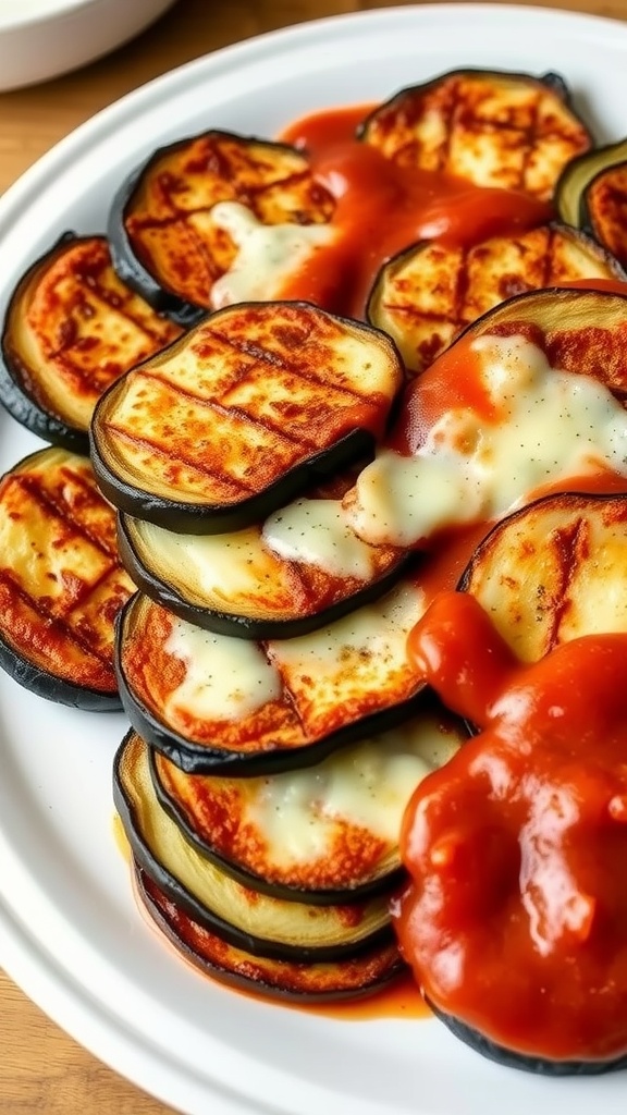 Baked eggplant slices topped with marinara sauce, melted cheese, and fresh basil.