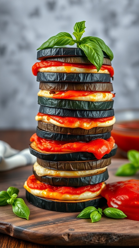 A delicious stack of eggplant slices layered with cheese and marinara sauce, garnished with fresh basil.