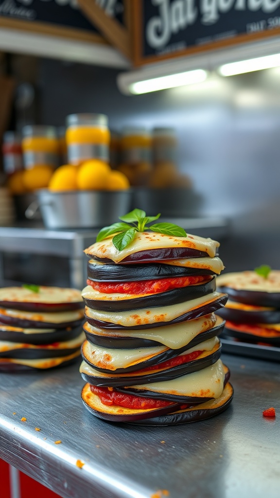 A tall stack of eggplant parmesan with layers of eggplant, cheese, and tomato sauce on a food truck counter.