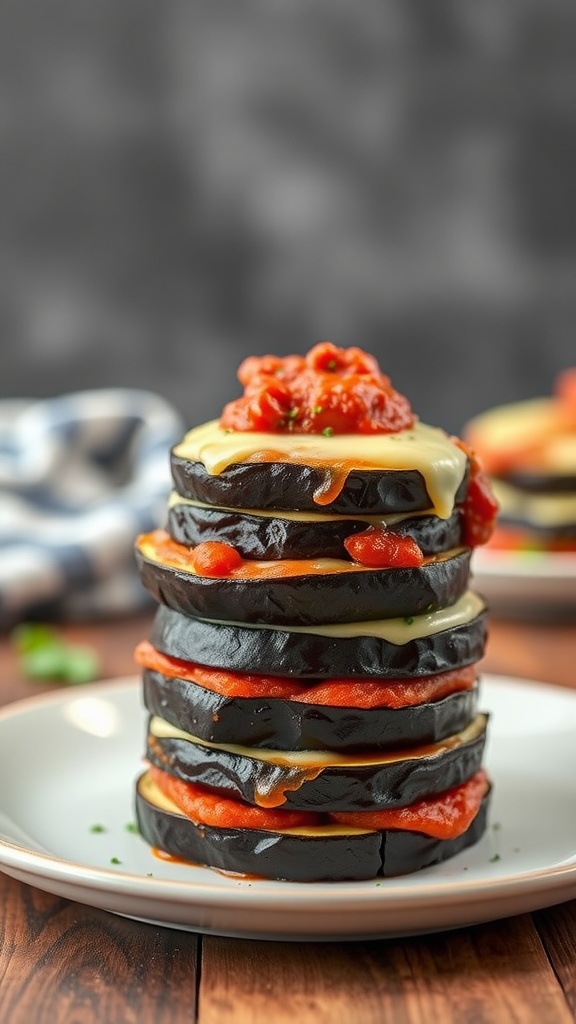 A stack of eggplant parmesan layers with cheese and marinara sauce