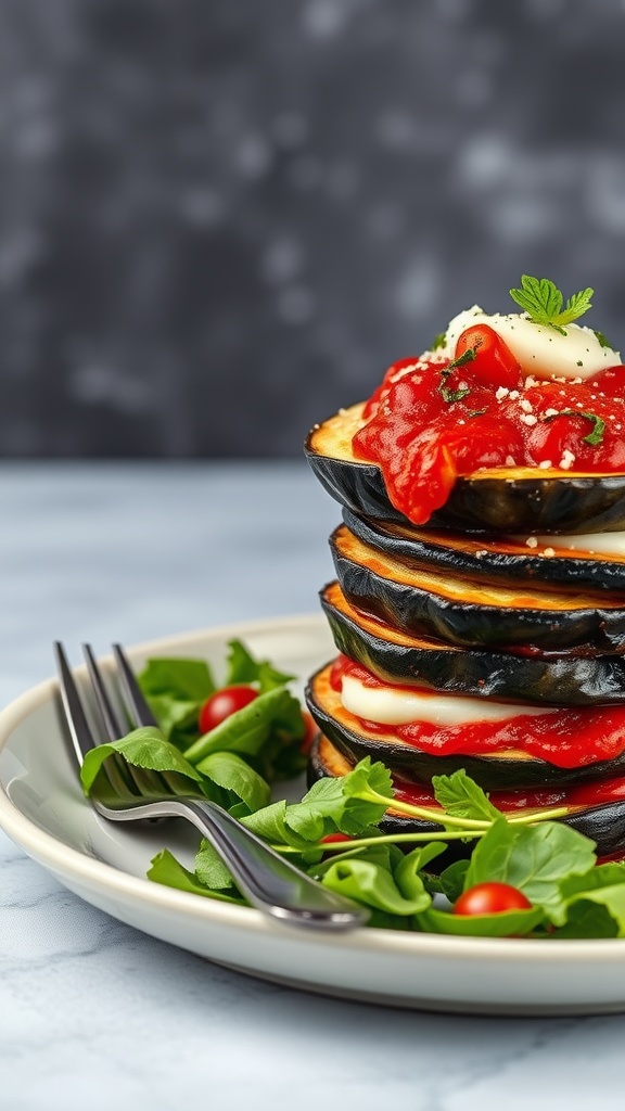 A plate of eggplant parmesan stacks topped with marinara sauce and garnished with herbs, served with fresh greens.