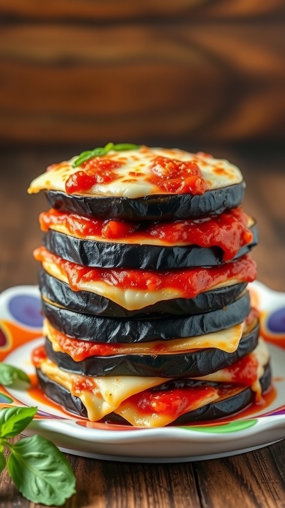 Stacked eggplant parmesan with marinara sauce and cheese on a colorful plate