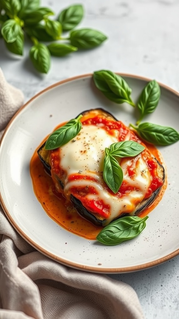 Delicious eggplant parmesan topped with fresh basil on a plate.