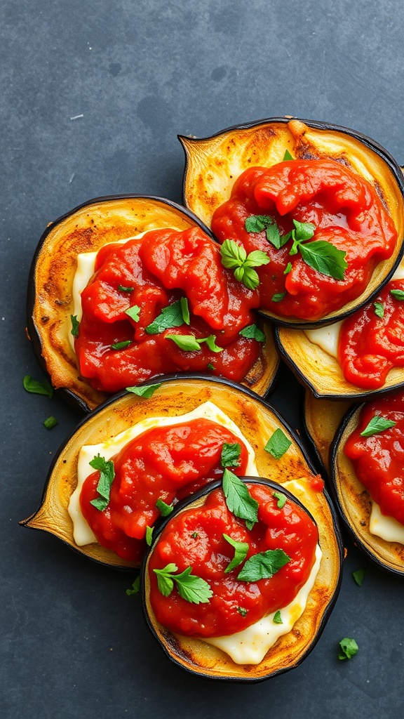 Eggplant Parmesan with marinara sauce and parsley on top