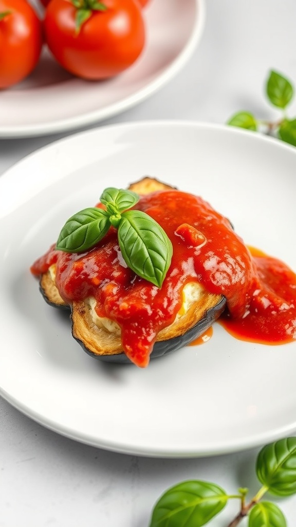 A plate of eggplant parmesan topped with marinara sauce and a basil leaf, with fresh tomatoes in the background.