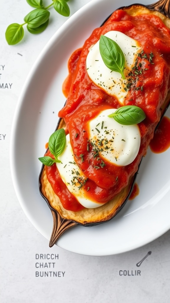 A dish of Eggplant Parmesan topped with marinara sauce and fresh basil.