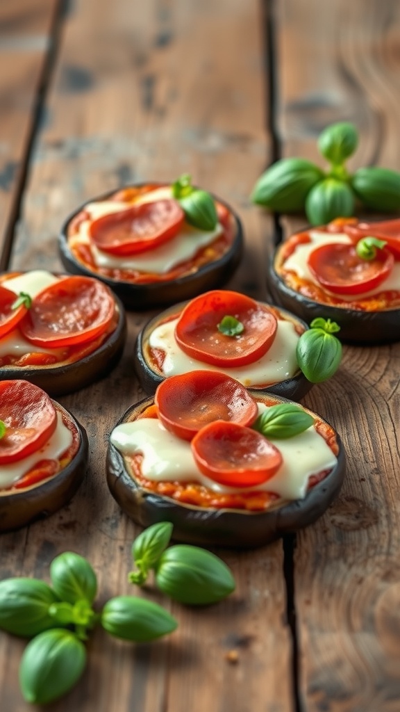 Eggplant pizza bites topped with cheese and pepperoni on a wooden surface, garnished with basil.