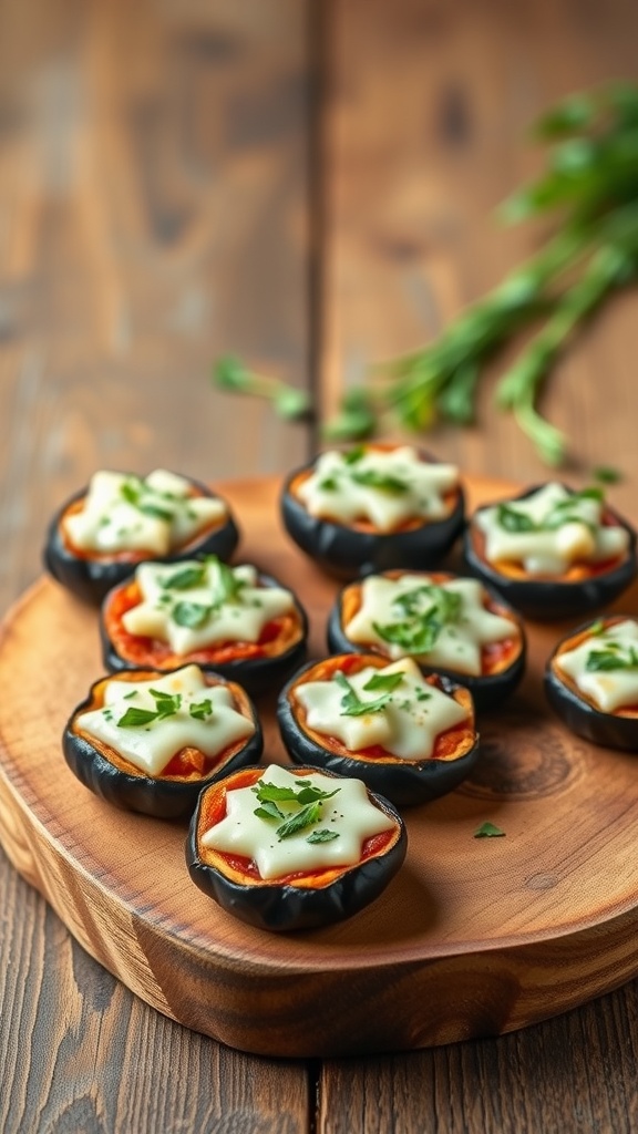 A wooden platter filled with delicious eggplant pizza bites topped with cheese and herbs.