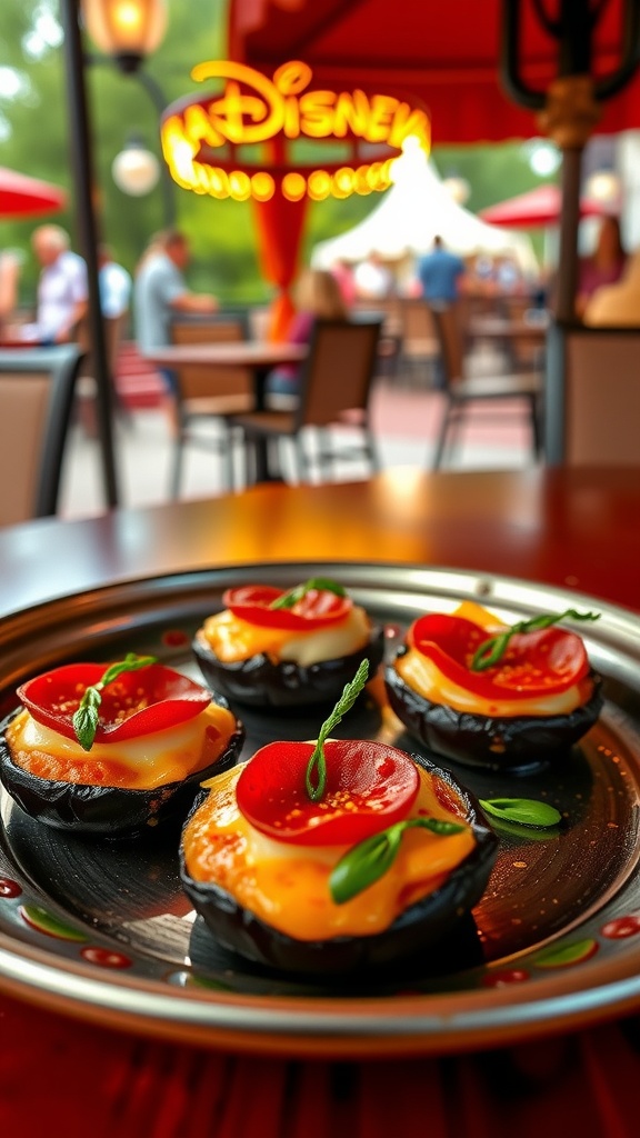 A plate of eggplant pizza bites with cheese and pepperoni at a theme park