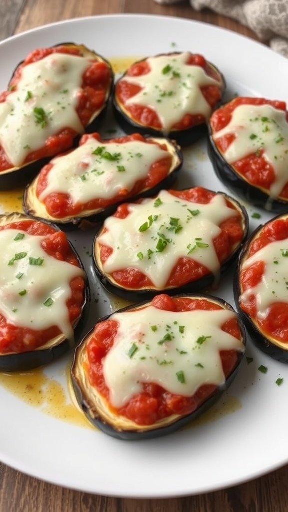 A plate of eggplant pizza bites topped with tomato sauce and cheese.