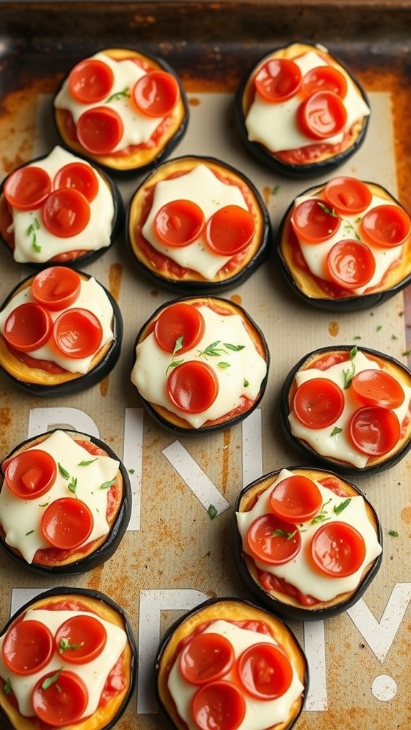 A tray of eggplant pizza bites topped with pepperoni and mozzarella cheese.