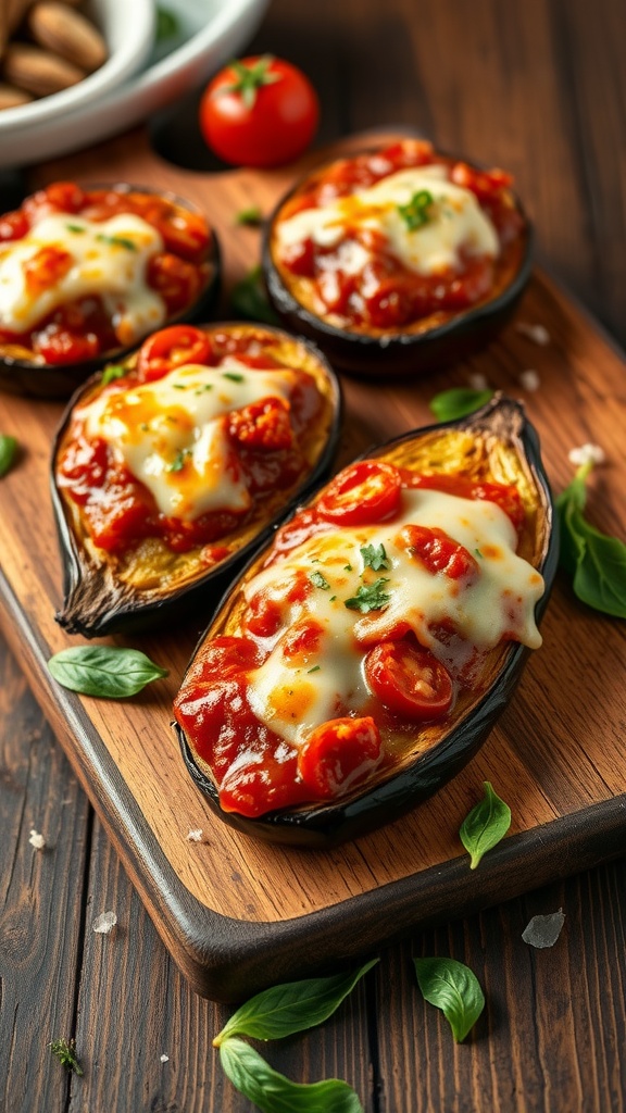 Baked eggplant slices topped with tomato sauce and cheese on a wooden board.