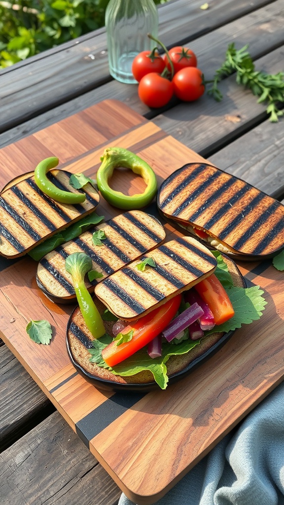 Grilled eggplant sandwich buns filled with fresh vegetables on a wooden cutting board.