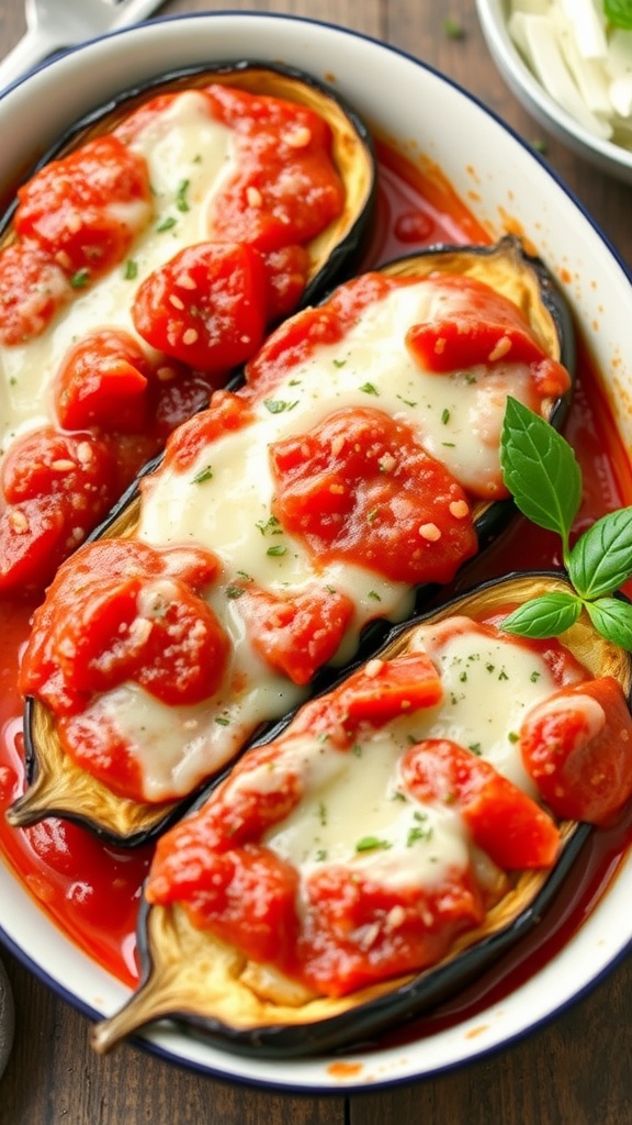 Baked eggplant slices topped with marinara sauce and cheese, garnished with basil.