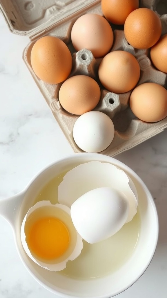 A bowl with cracked eggs and eggs in a carton