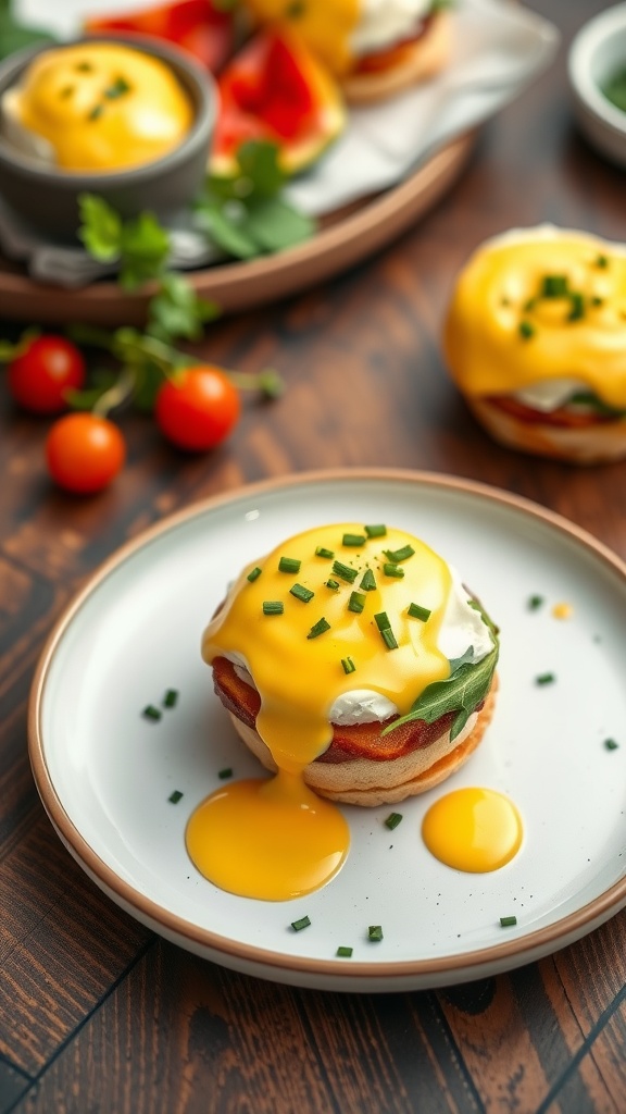 A delicious plate of Eggs Benedict topped with creamy yellow hollandaise sauce and garnished with chives.