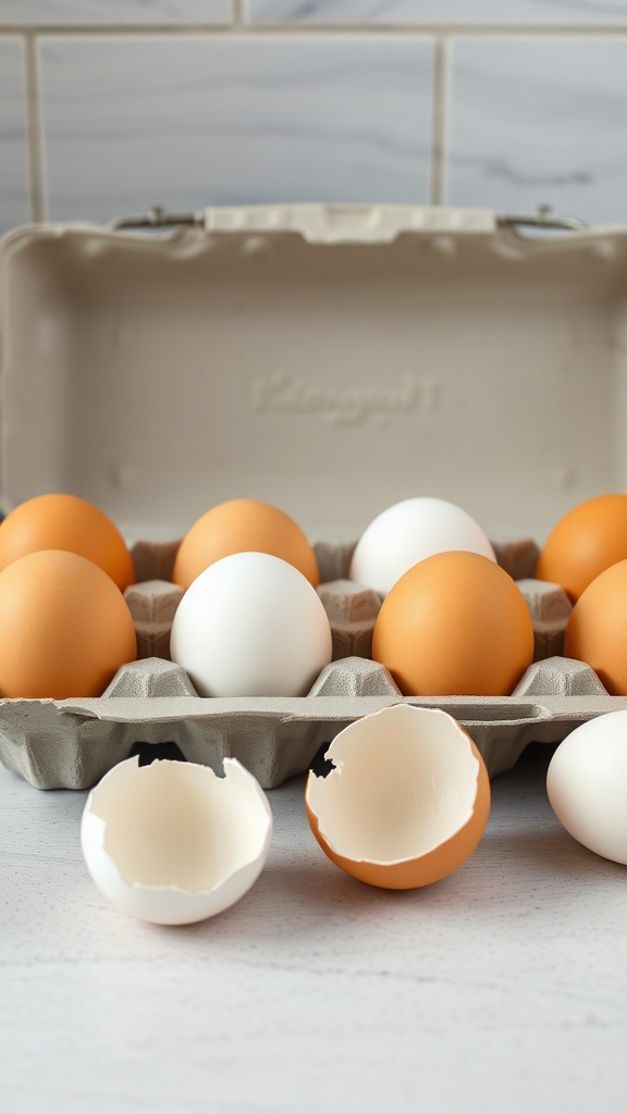 A carton of brown and white eggs with some cracked shells on a kitchen countertop.