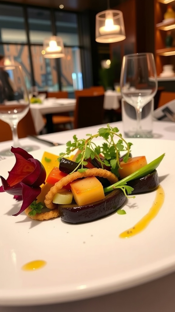 A beautifully arranged plate of colorful vegetables and garnishes in an elegant dining setting.