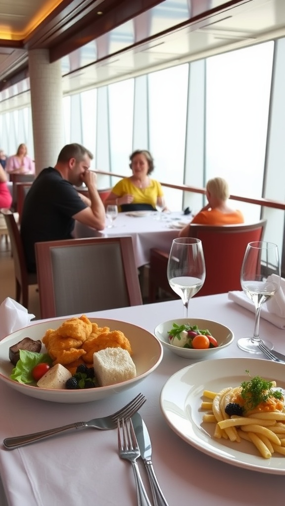 Dining table on a cruise ship with various dishes and a view of the ocean.