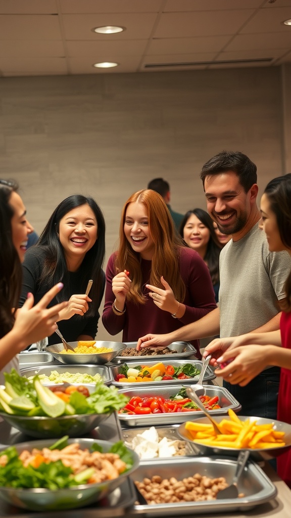 A group of friends laughing and enjoying a buffet with various dishes.