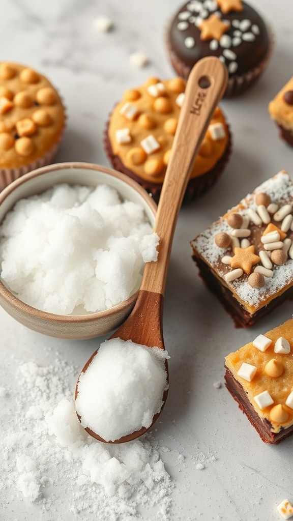 A bowl of erythritol with a wooden spoon next to keto-friendly baked goods.