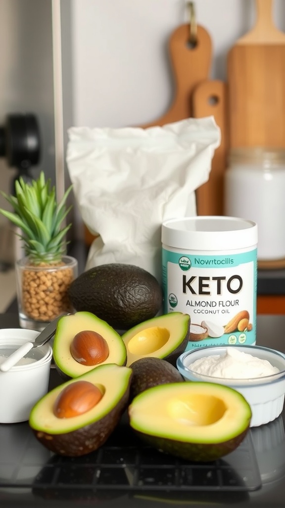 A collection of keto staples including avocados, almond flour, and coconut oil on a kitchen counter.