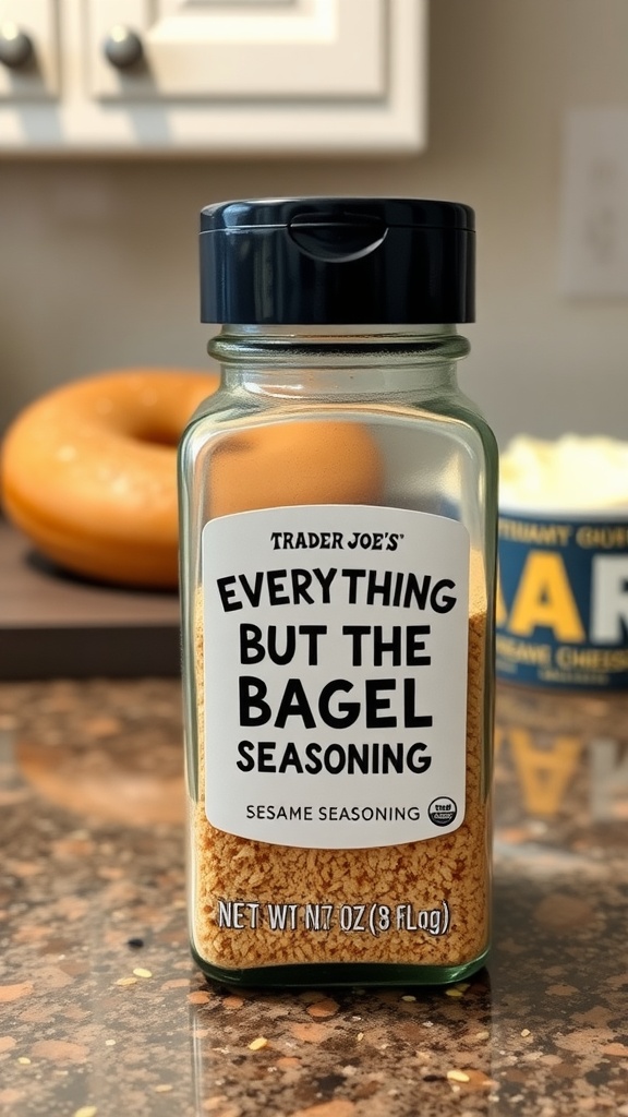 Trader Joe's Everything But The Bagel Sesame Seasoning bottle on a kitchen counter.