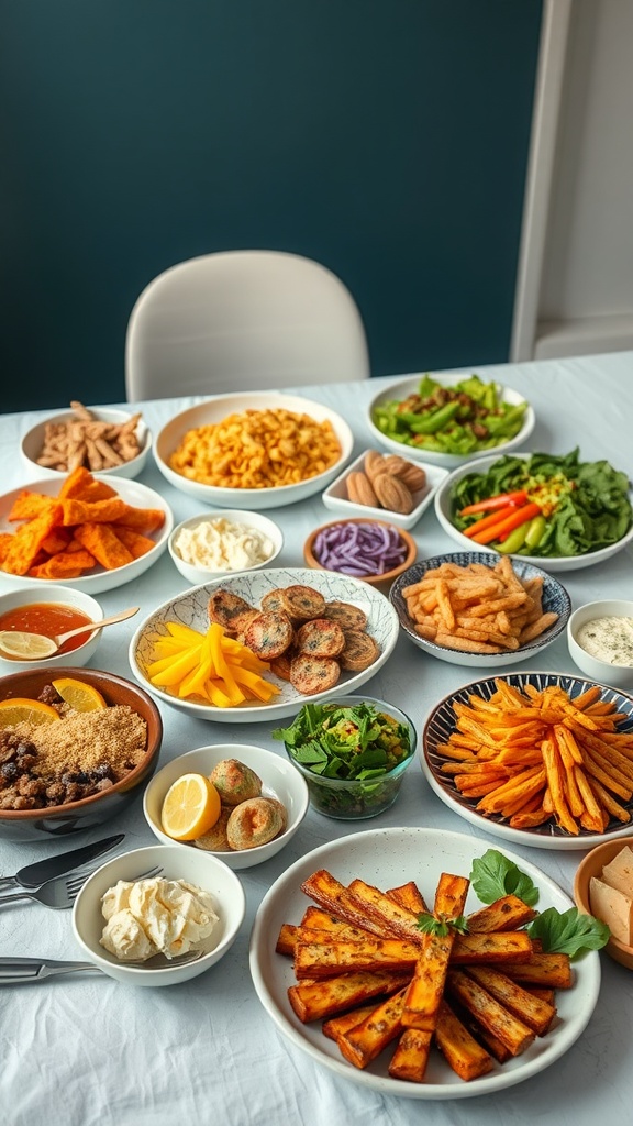 A variety of colorful and delicious keto dishes arranged on a table.