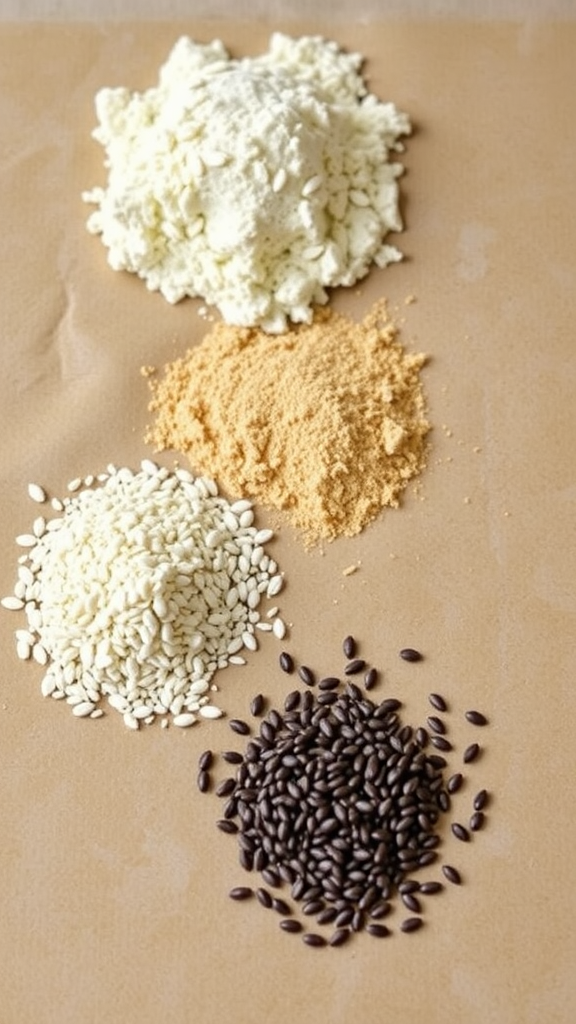 Various low-carb baking ingredients including chia seeds and almond flour on a surface.