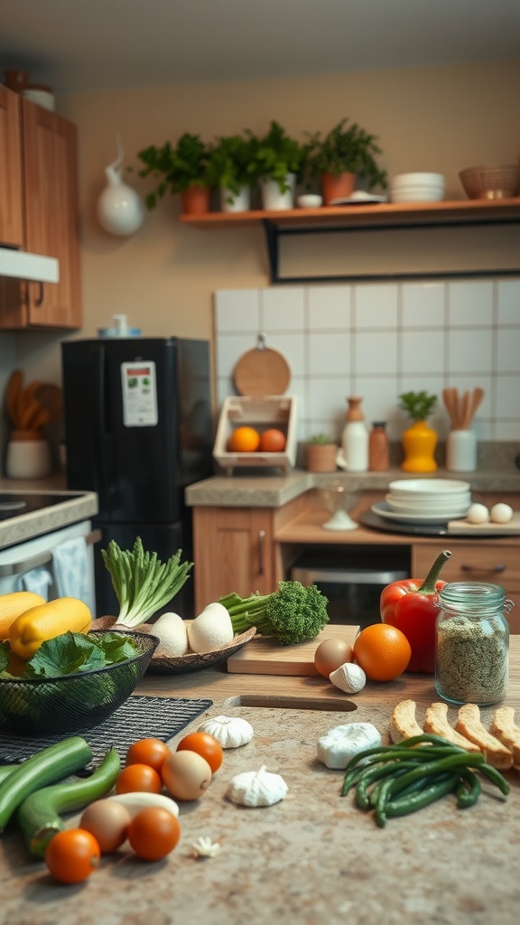 A cozy kitchen counter filled with fresh vegetables, eggs, and spices, ready for meal prep.