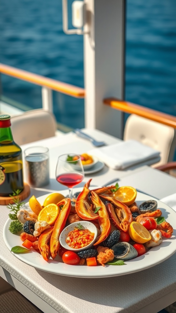 A vibrant seafood platter featuring grilled fish, colorful vegetables, and lemon slices, set against a beautiful ocean backdrop.