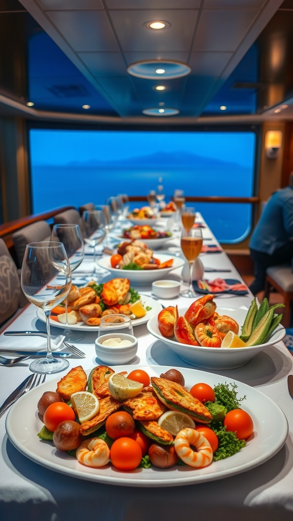 A beautifully arranged table with seafood dishes and a view of the ocean.