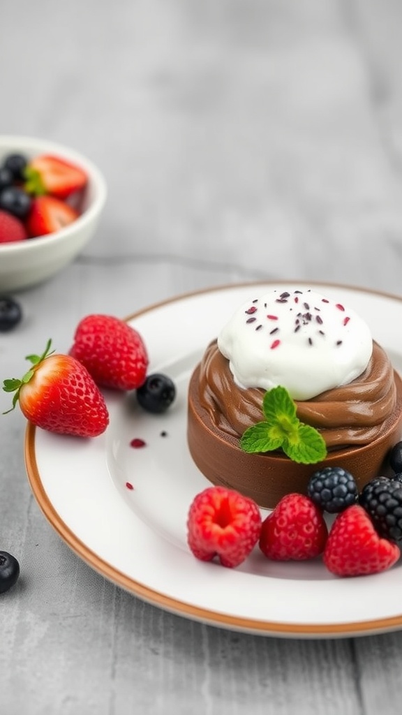 A plate with a chocolate dessert topped with cream and mint, alongside fresh strawberries, raspberries, and blackberries.