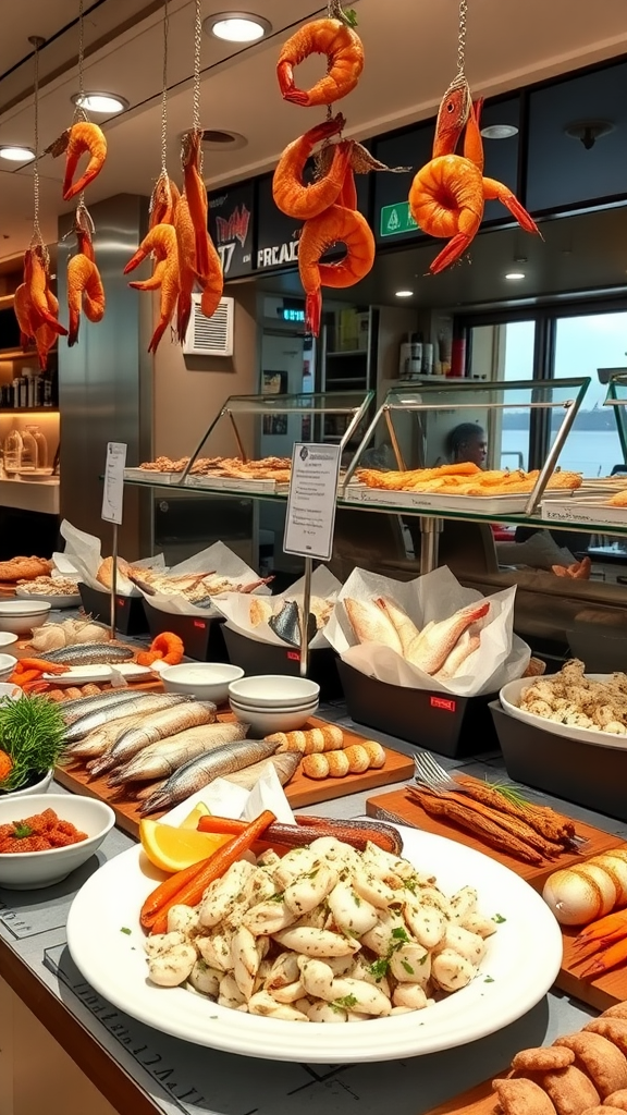 A seafood restaurant display with fresh shrimp and fish, showcasing keto-friendly options.