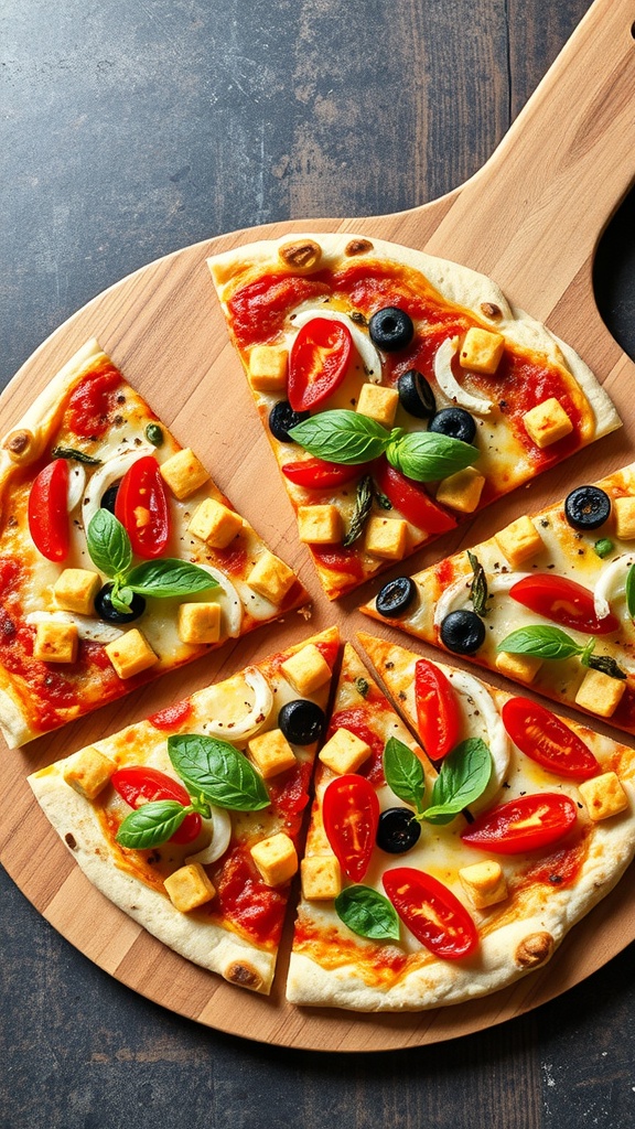 A delicious pizza made with fresh toppings on a wooden pizza board.