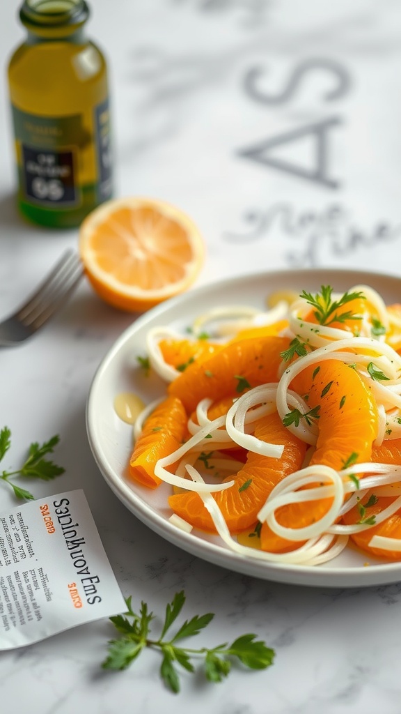 Fennel and orange salad with olive oil on a plate, garnished with herbs.