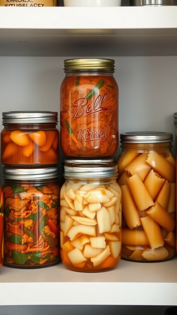 Jars of kimchi, sauerkraut, and pickled vegetables on a shelf.