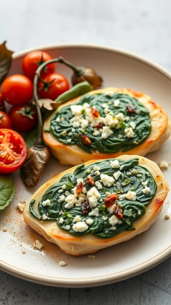 Feta and spinach stuffed chicken breasts served with cherry tomatoes and greens.