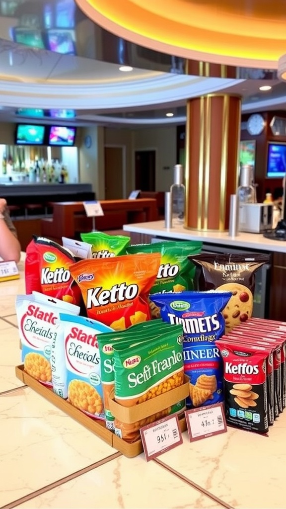 A variety of snack packages displayed on a countertop in a cruise ship dining area.