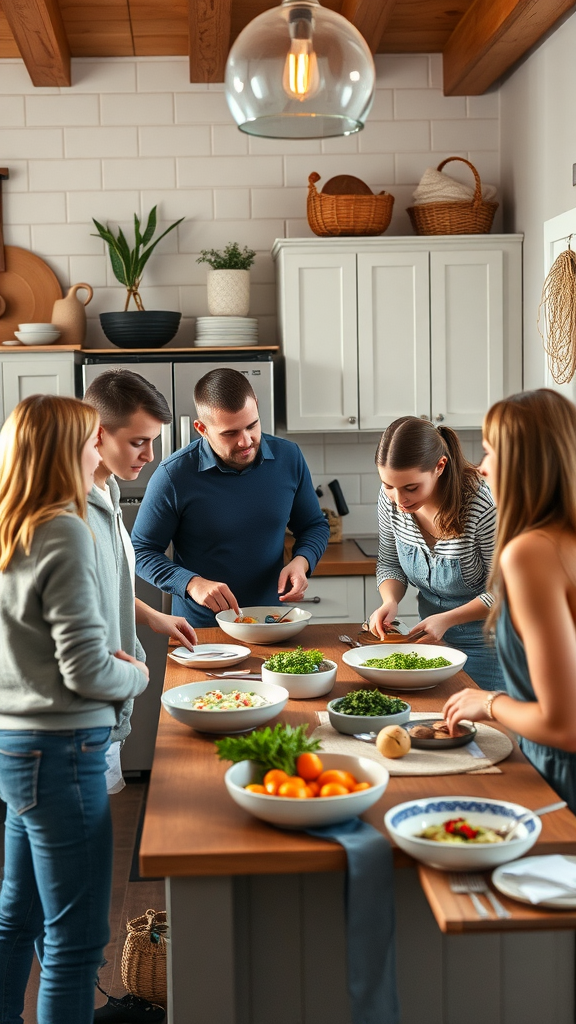 A group of friends discussing meal prep at a kitchen table.